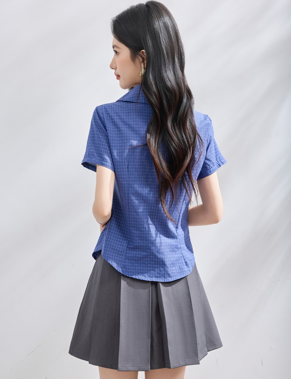 Summer slim thin plaid short shirt for women