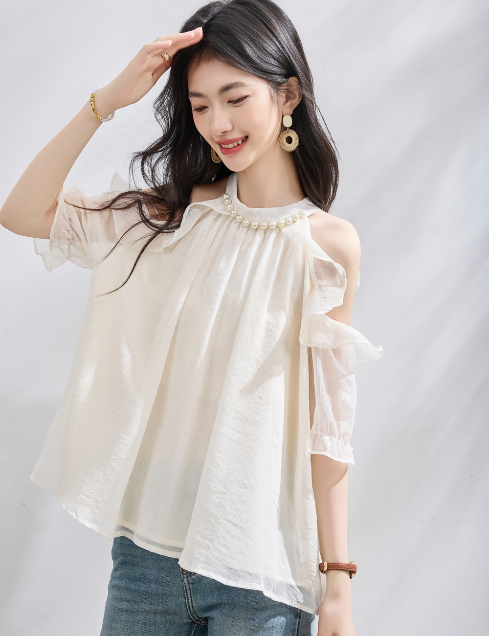 Thin France style chiffon shirt elegant tops for women