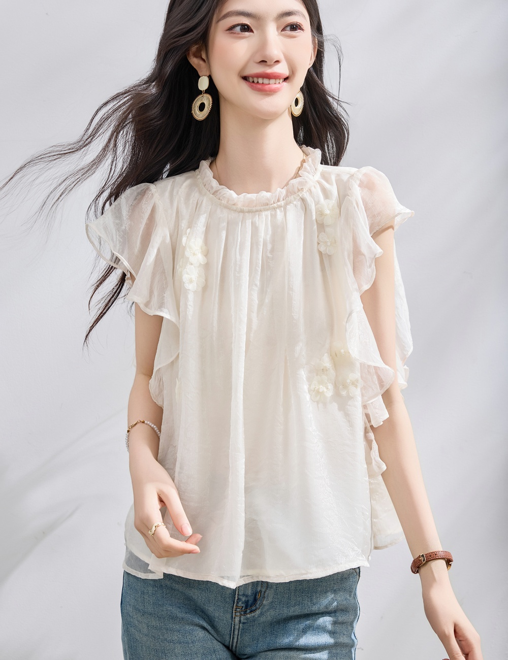 Flowers lace tops streamer lotus leaf edges chiffon shirt