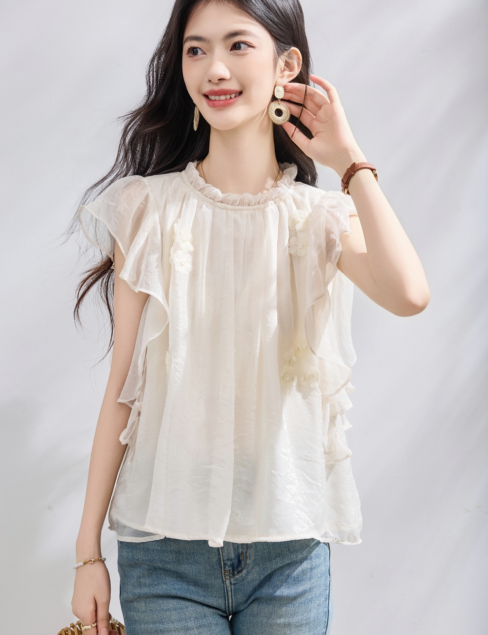 Flowers lace tops streamer lotus leaf edges chiffon shirt