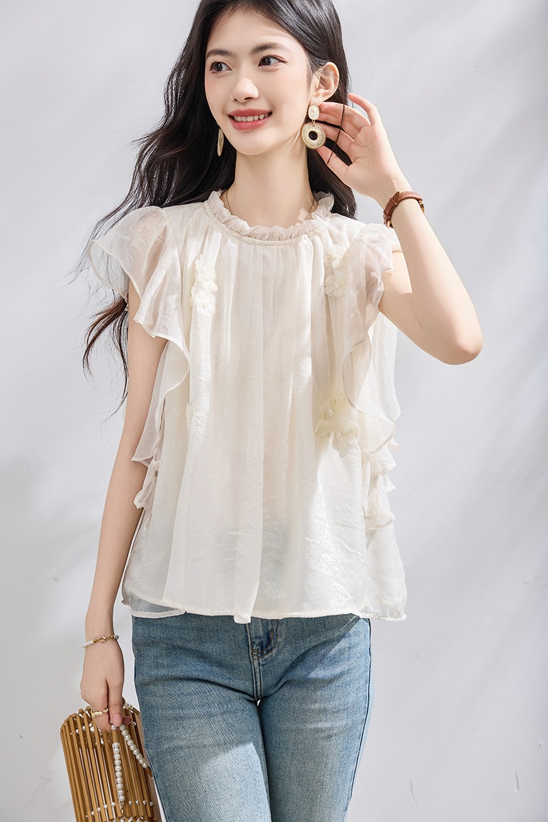 Flowers lace tops streamer lotus leaf edges chiffon shirt