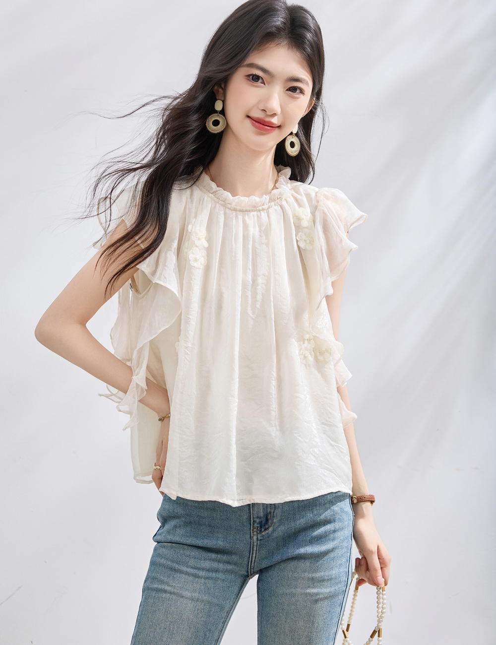 Flowers lace tops streamer lotus leaf edges chiffon shirt