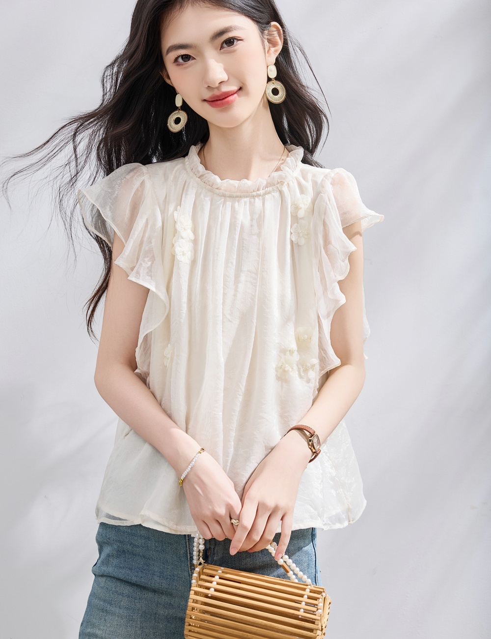 Flowers lace tops streamer lotus leaf edges chiffon shirt