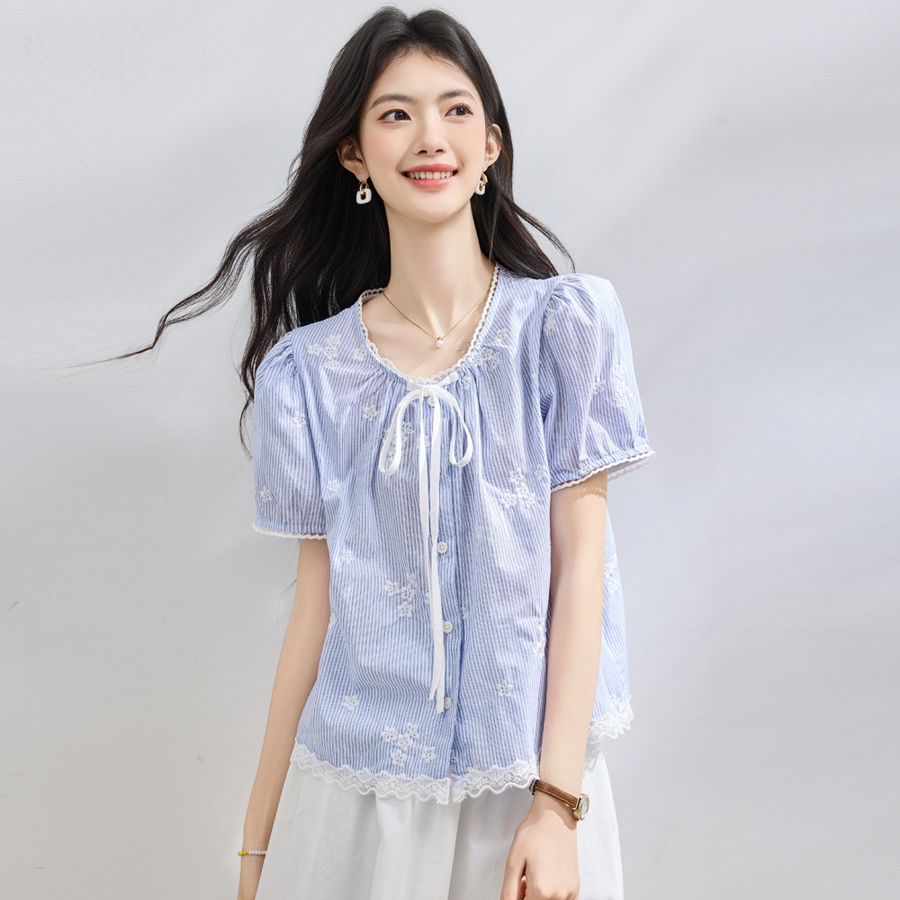 Summer round neck small shirt splice embroidered tops for women