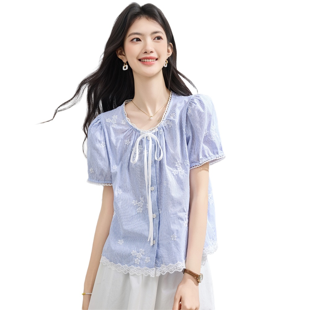 Summer round neck small shirt splice embroidered tops for women