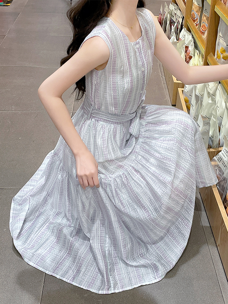 Summer fresh pinched waist bandage bow plaid dress