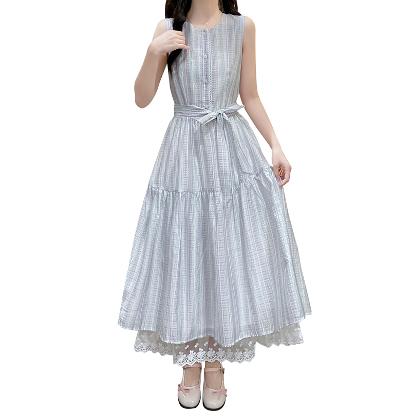 Summer fresh pinched waist bandage bow plaid dress