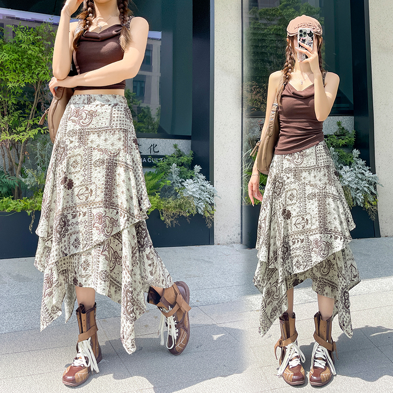 Slim A-line printing summer high waist skirt