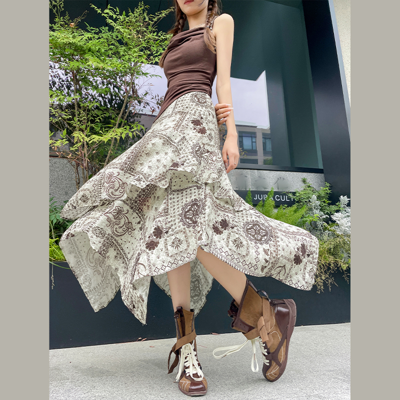 Slim A-line printing summer high waist skirt