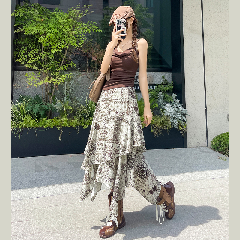 Slim A-line printing summer high waist skirt