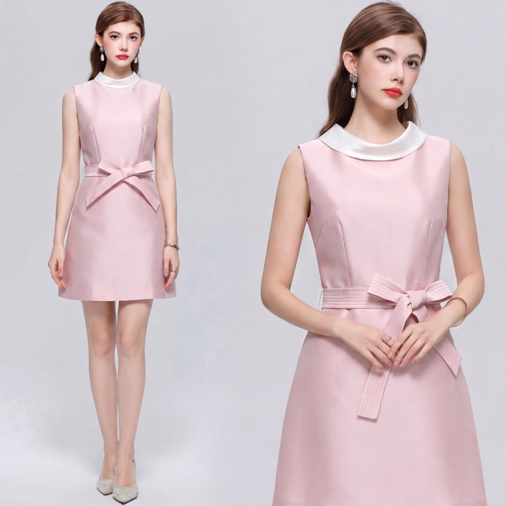 Satin bow dress round neck sleeveless formal dress