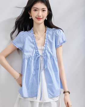 Summer short sleeve shirt slim plaid doll shirt for women