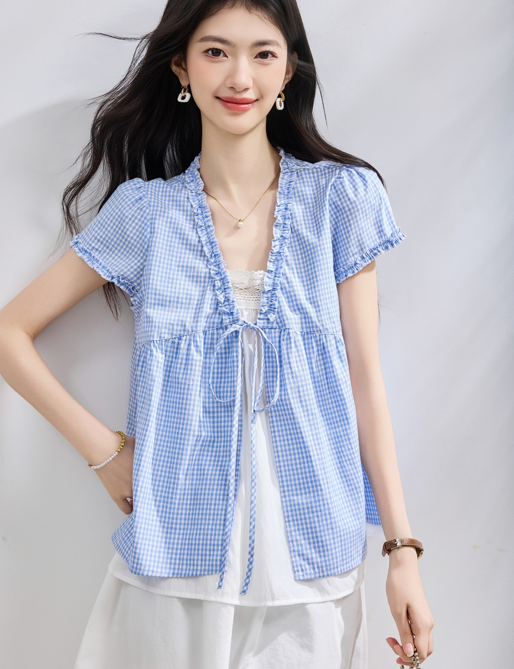 Summer short sleeve shirt slim plaid doll shirt for women