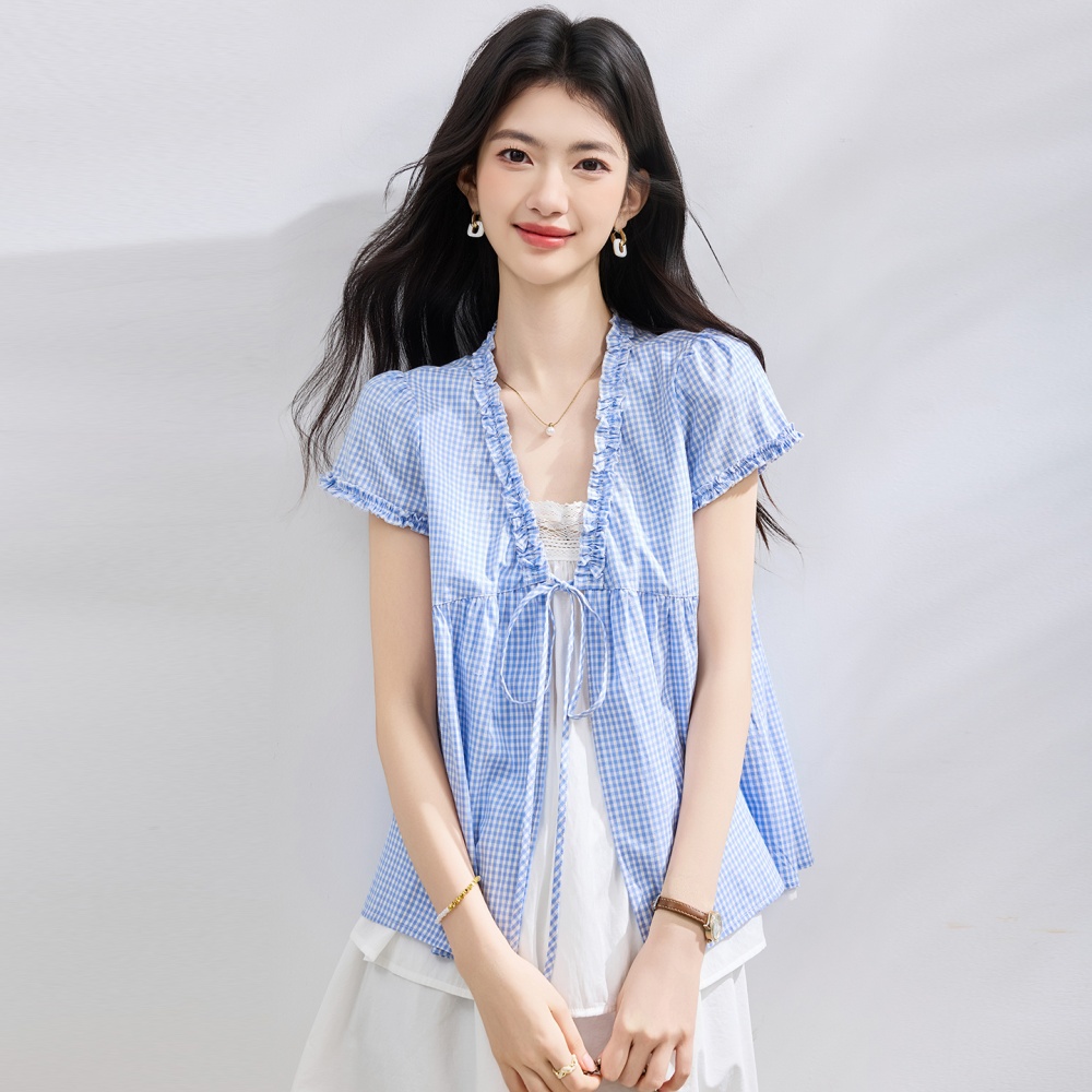 Summer short sleeve shirt slim plaid doll shirt for women