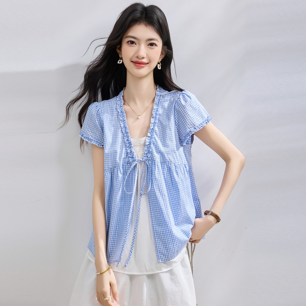 Summer short sleeve shirt slim plaid doll shirt for women