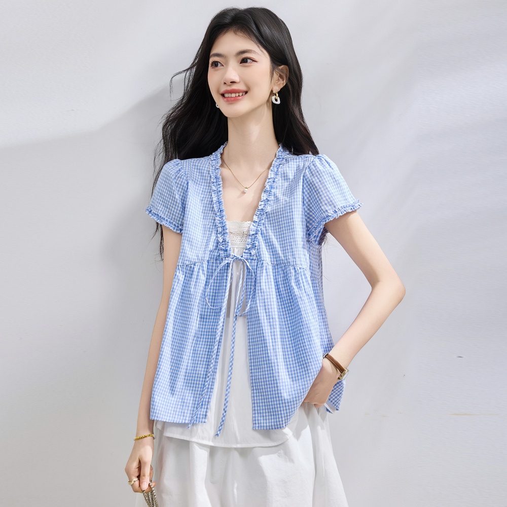 Summer short sleeve shirt slim plaid doll shirt for women