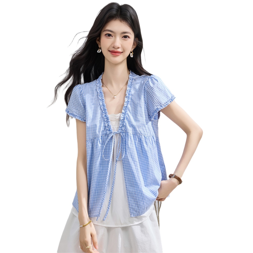 Summer short sleeve shirt slim plaid doll shirt for women