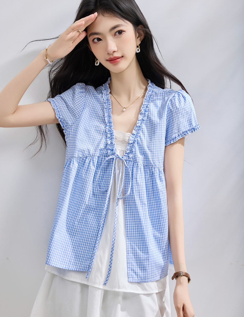 Summer short sleeve shirt slim plaid doll shirt for women