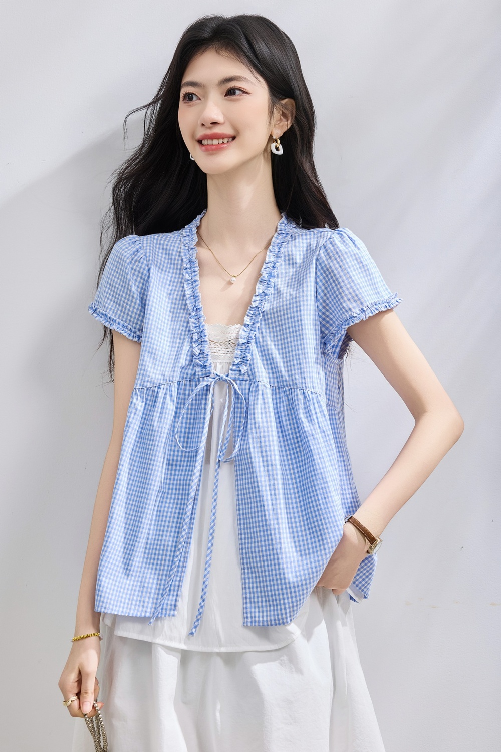 Summer short sleeve shirt slim plaid doll shirt for women