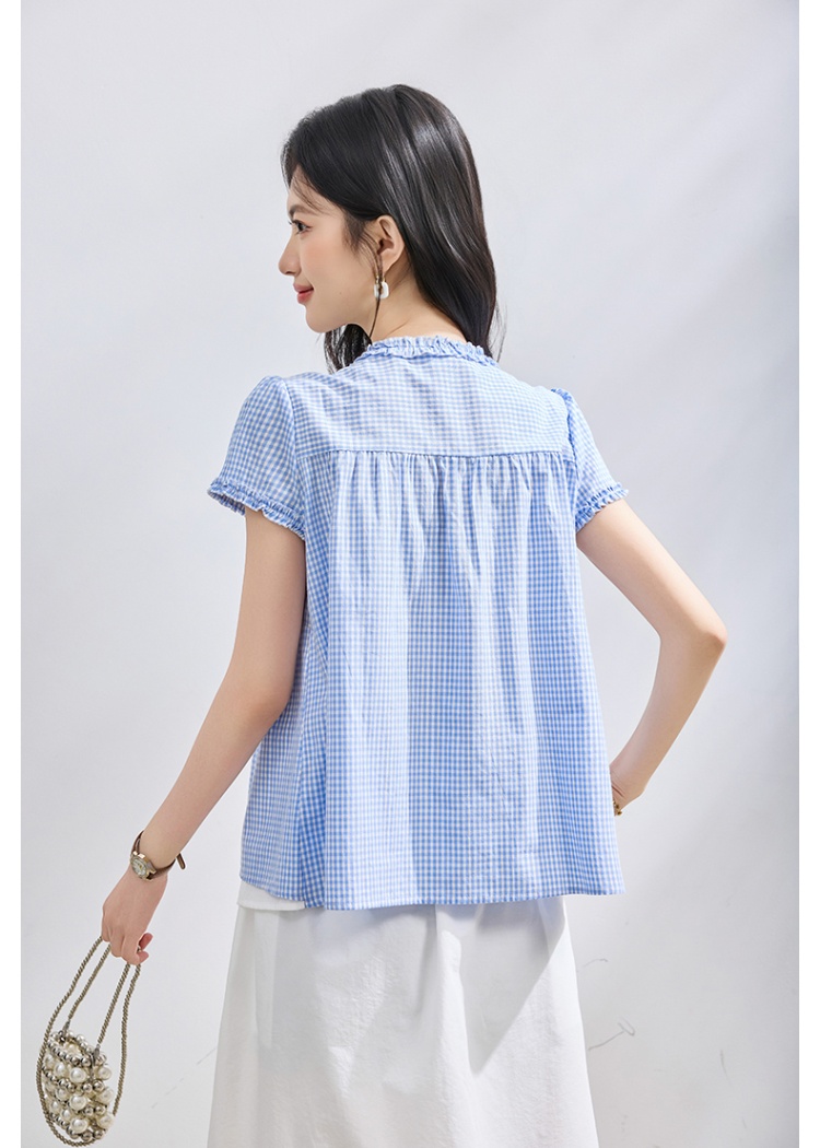 Summer short sleeve shirt slim plaid doll shirt for women