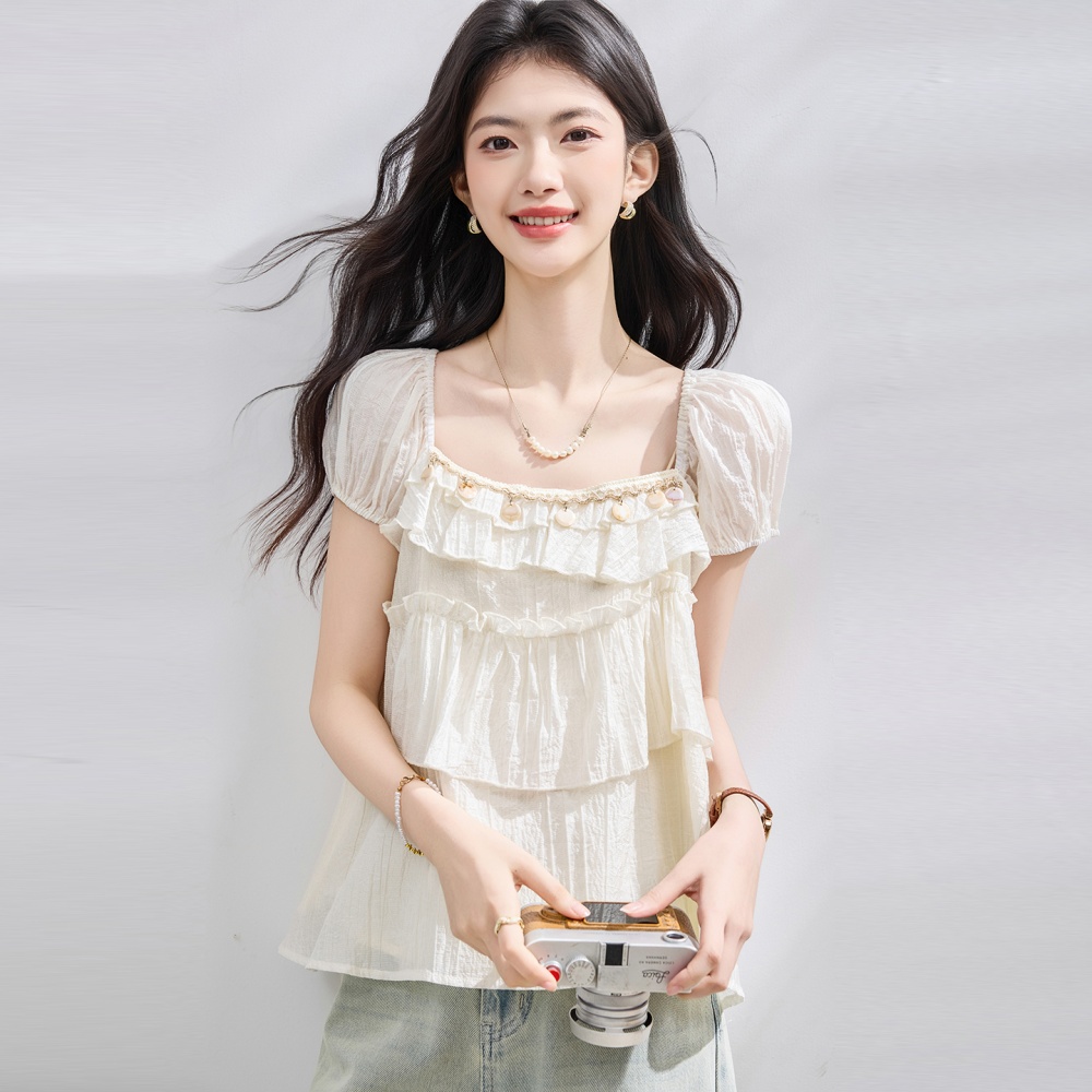 Ribbon slim small shirt square collar shirt for women
