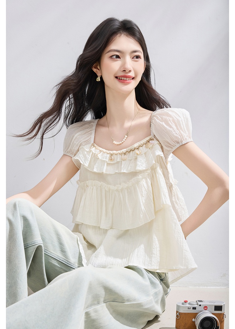 Ribbon slim small shirt square collar shirt for women
