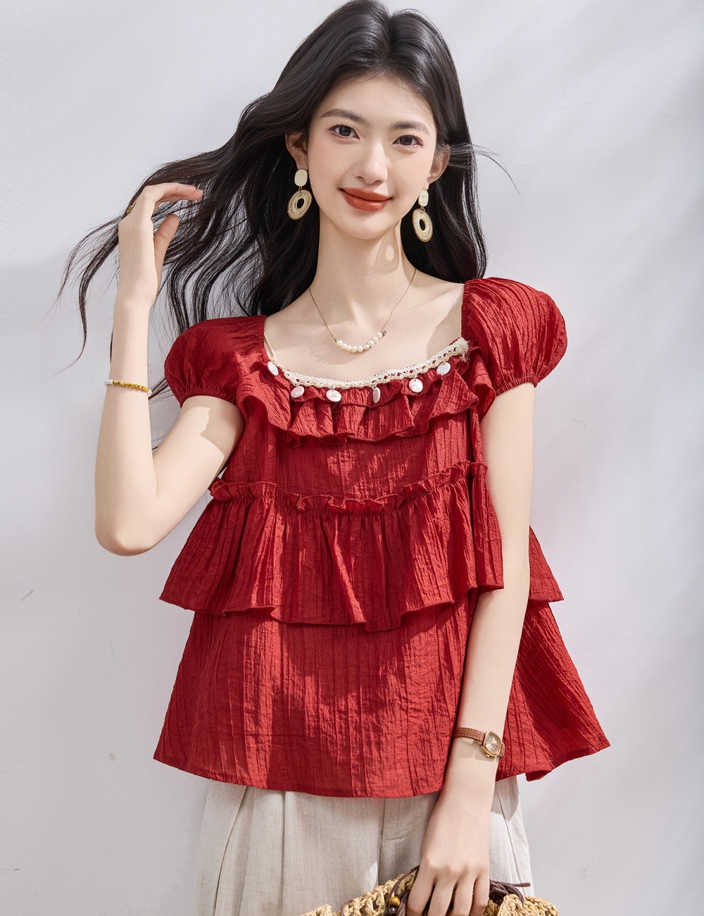 Ribbon slim small shirt square collar shirt for women