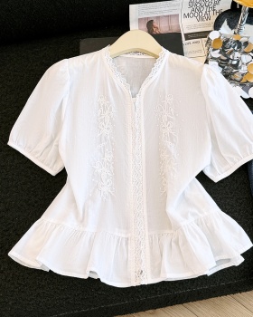 Embroidery slim tops all-match lace shirt for women
