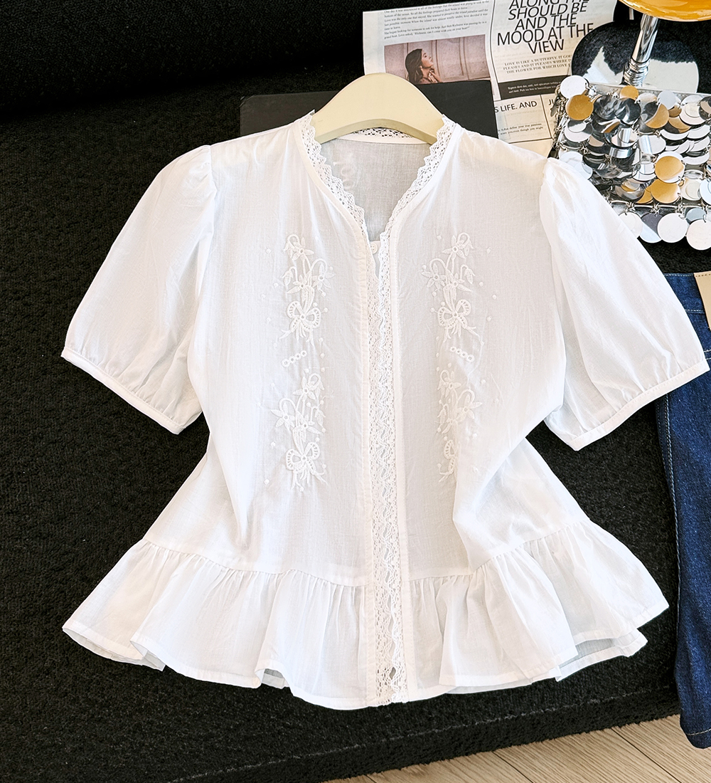 Embroidery slim tops all-match lace shirt for women