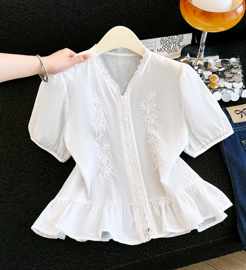 Embroidery slim tops all-match lace shirt for women