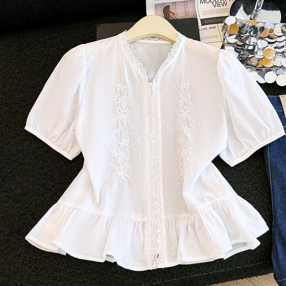 Embroidery slim tops all-match lace shirt for women