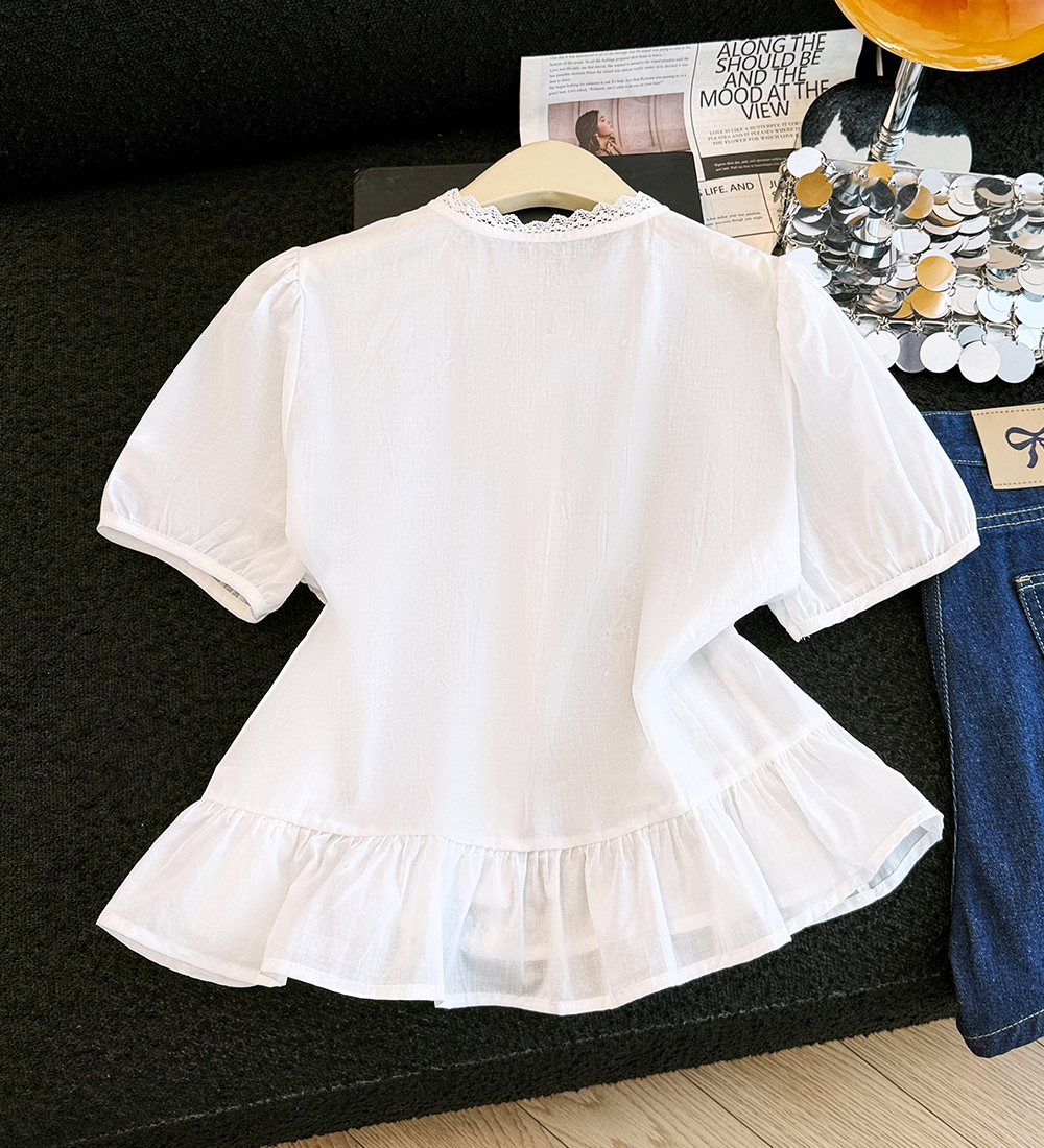 Embroidery slim tops all-match lace shirt for women