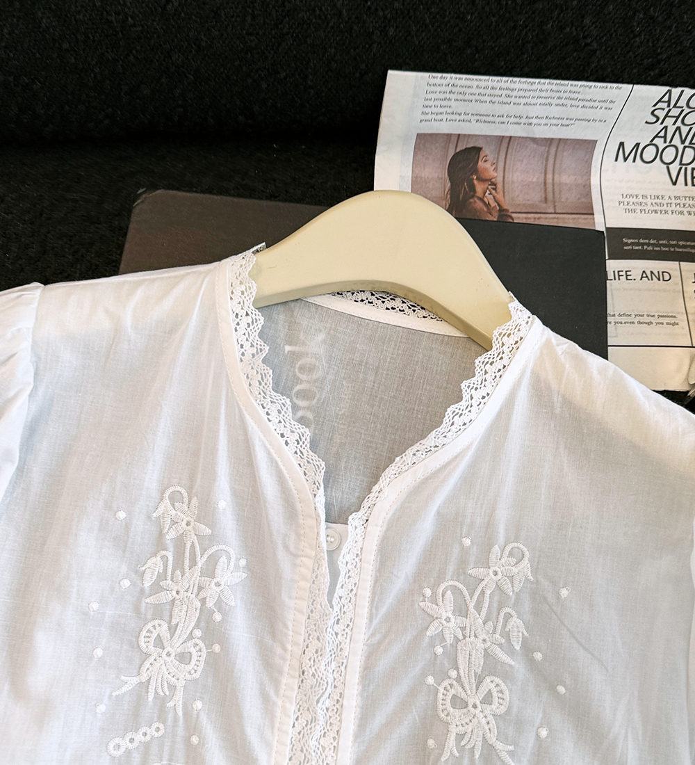 Embroidery slim tops all-match lace shirt for women