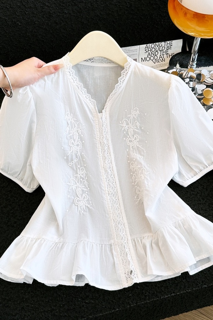 Embroidery slim tops all-match lace shirt for women