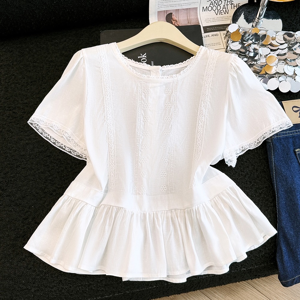 All-match round neck short sleeve tops splice summer shirt