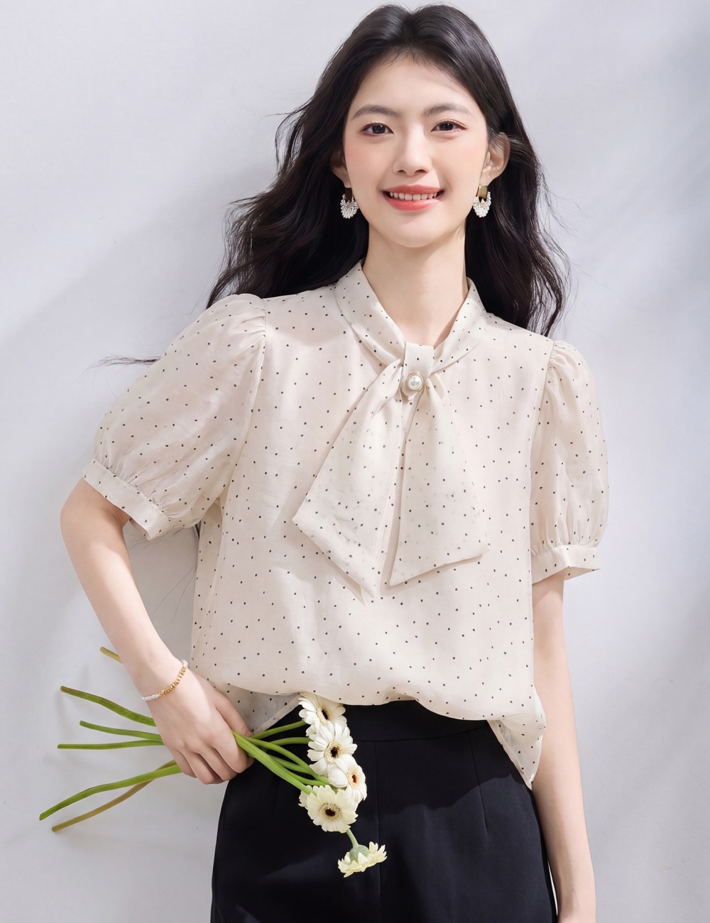 Temperament summer short sleeve tops France style streamer shirt