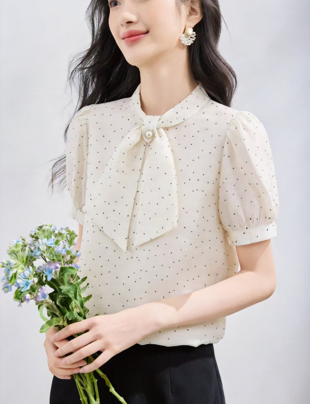 Temperament summer short sleeve tops France style streamer shirt