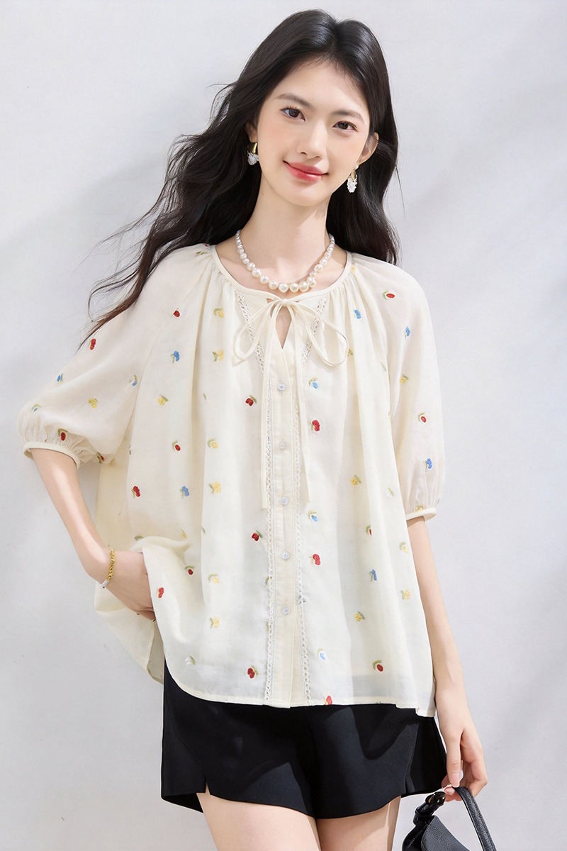 Loose round neck tops summer frenum shirt for women