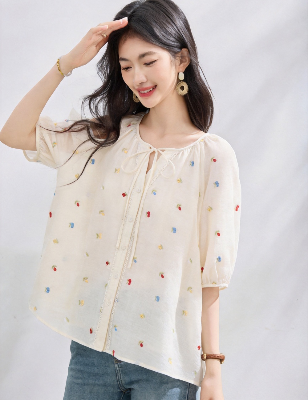 Loose round neck tops summer frenum shirt for women
