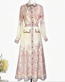 Retro printing shirt high waist long sleeve skirt a set