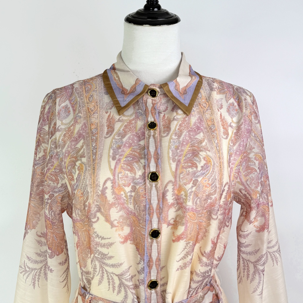 Retro printing shirt high waist long sleeve skirt a set