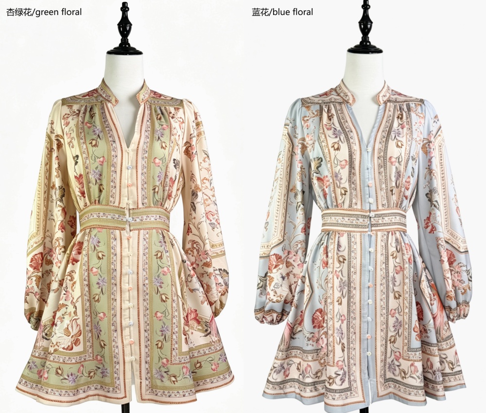 Breasted pinched waist niche V-neck lantern sleeve dress