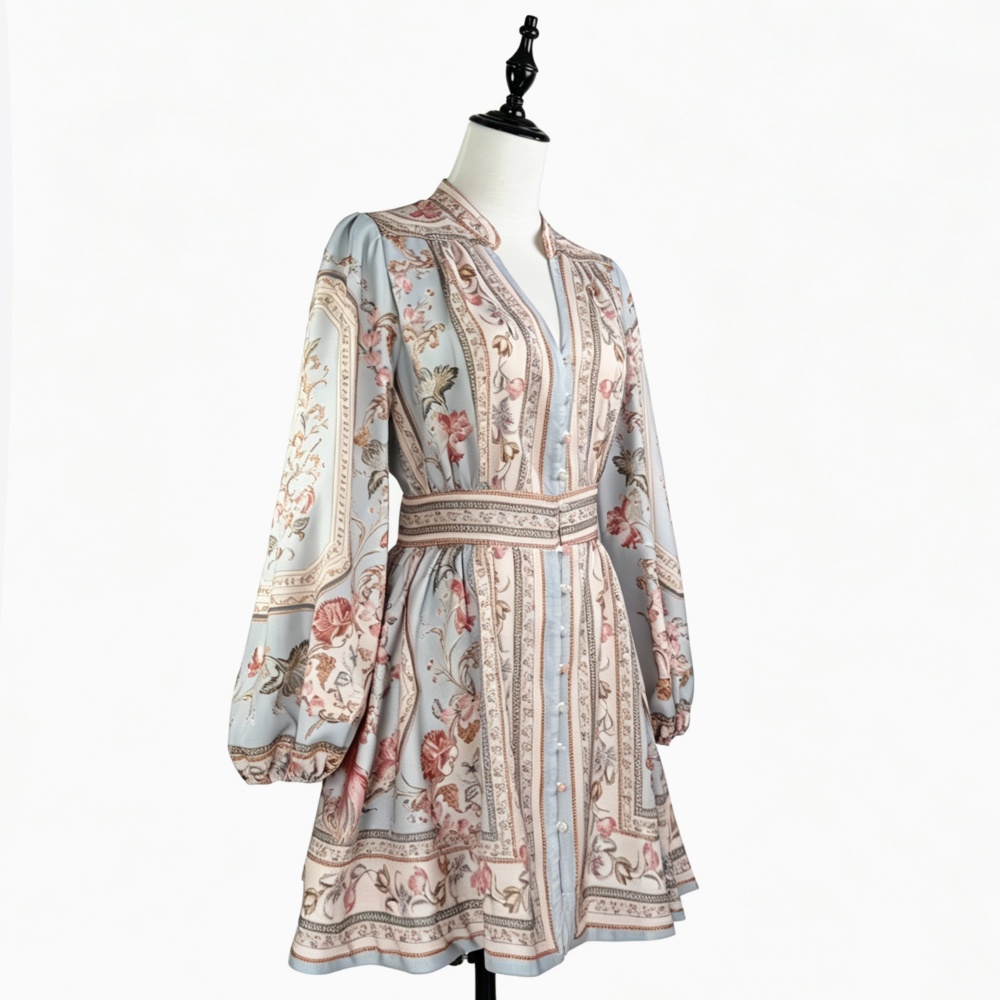 Breasted pinched waist niche V-neck lantern sleeve dress