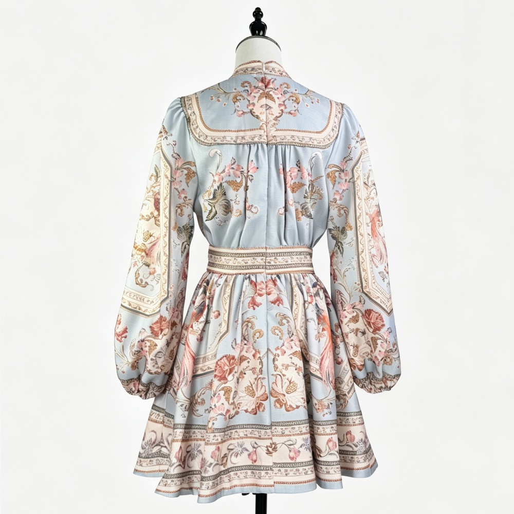 Breasted pinched waist niche V-neck lantern sleeve dress