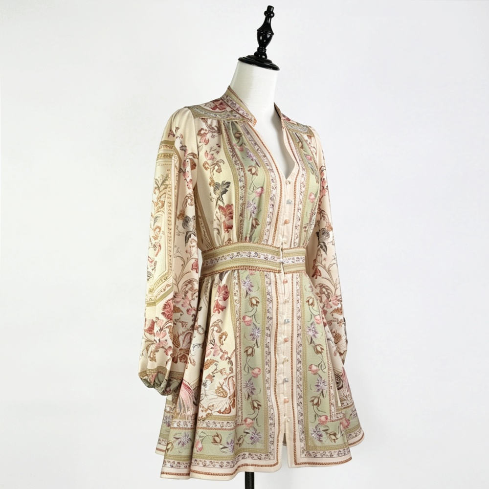 Breasted pinched waist niche V-neck lantern sleeve dress