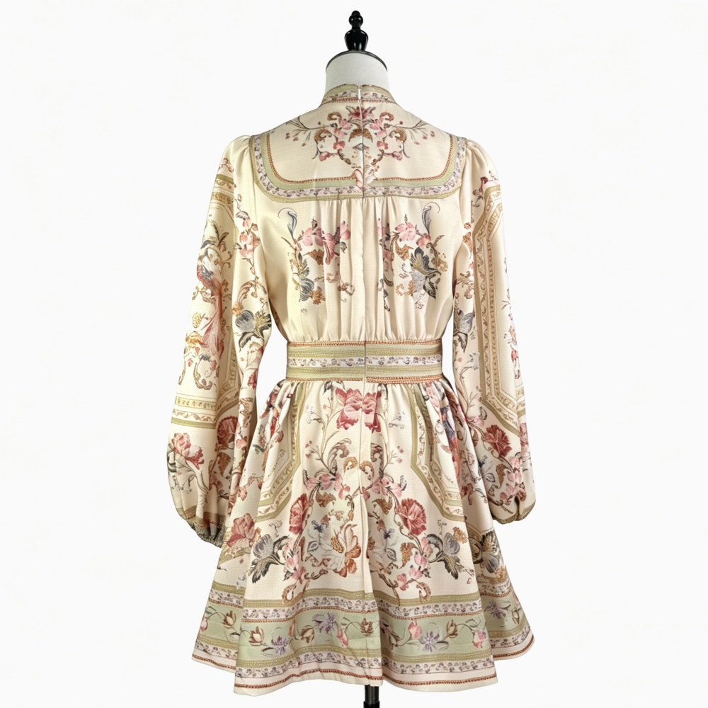 Breasted pinched waist niche V-neck lantern sleeve dress