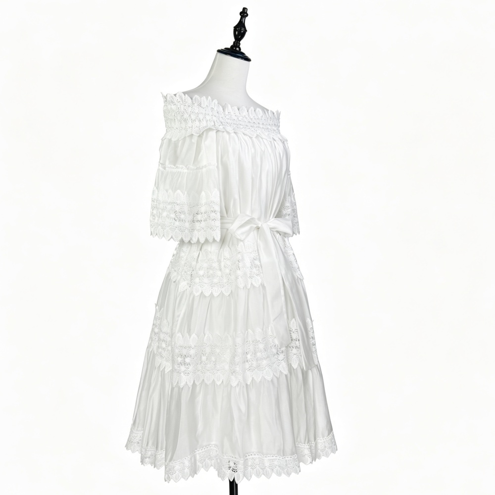 Short European style frenum flat shoulder dress for women