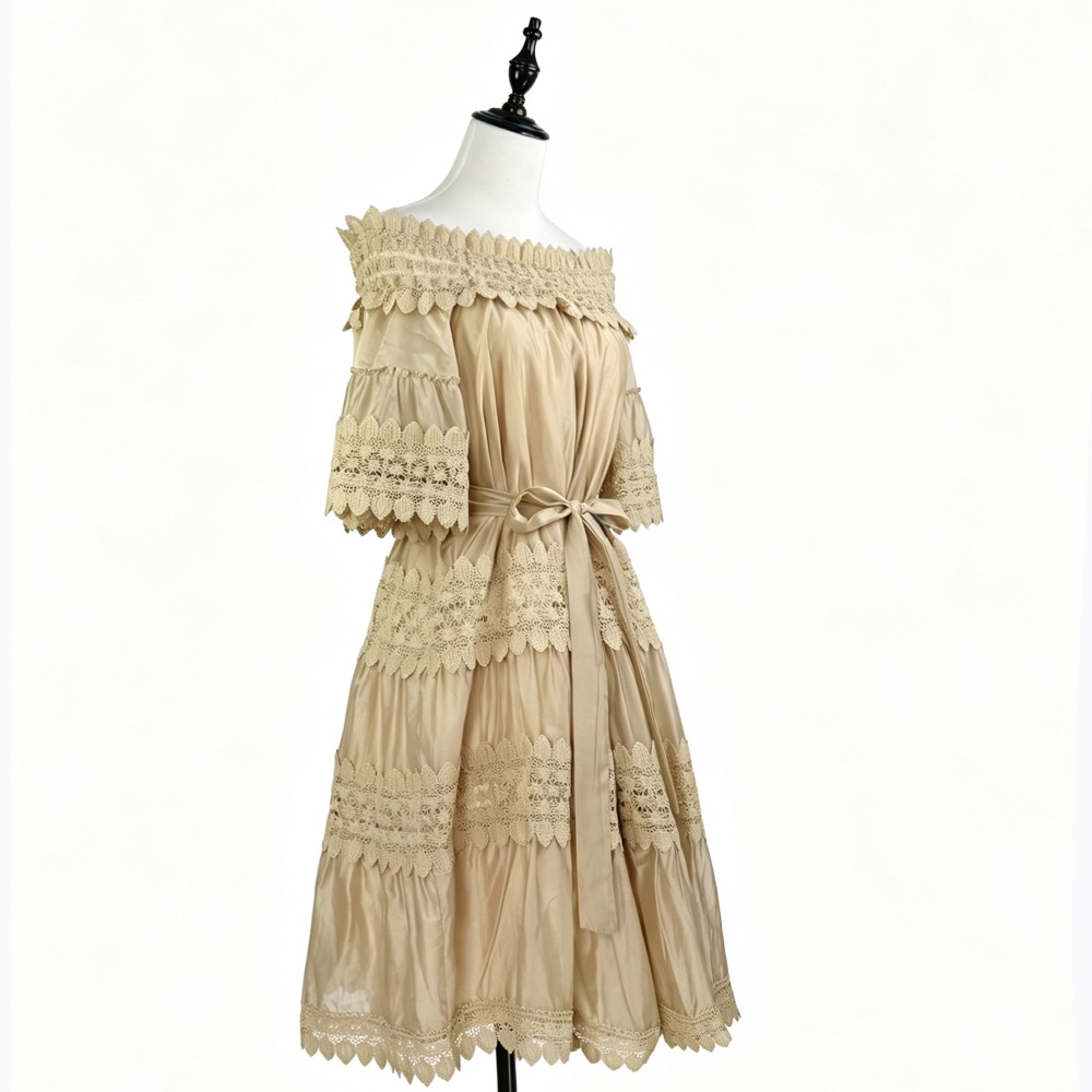 Short European style frenum flat shoulder dress for women