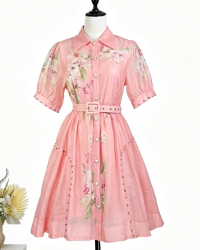 Slim pastoral style) T-back short sleeve rhinestone dress