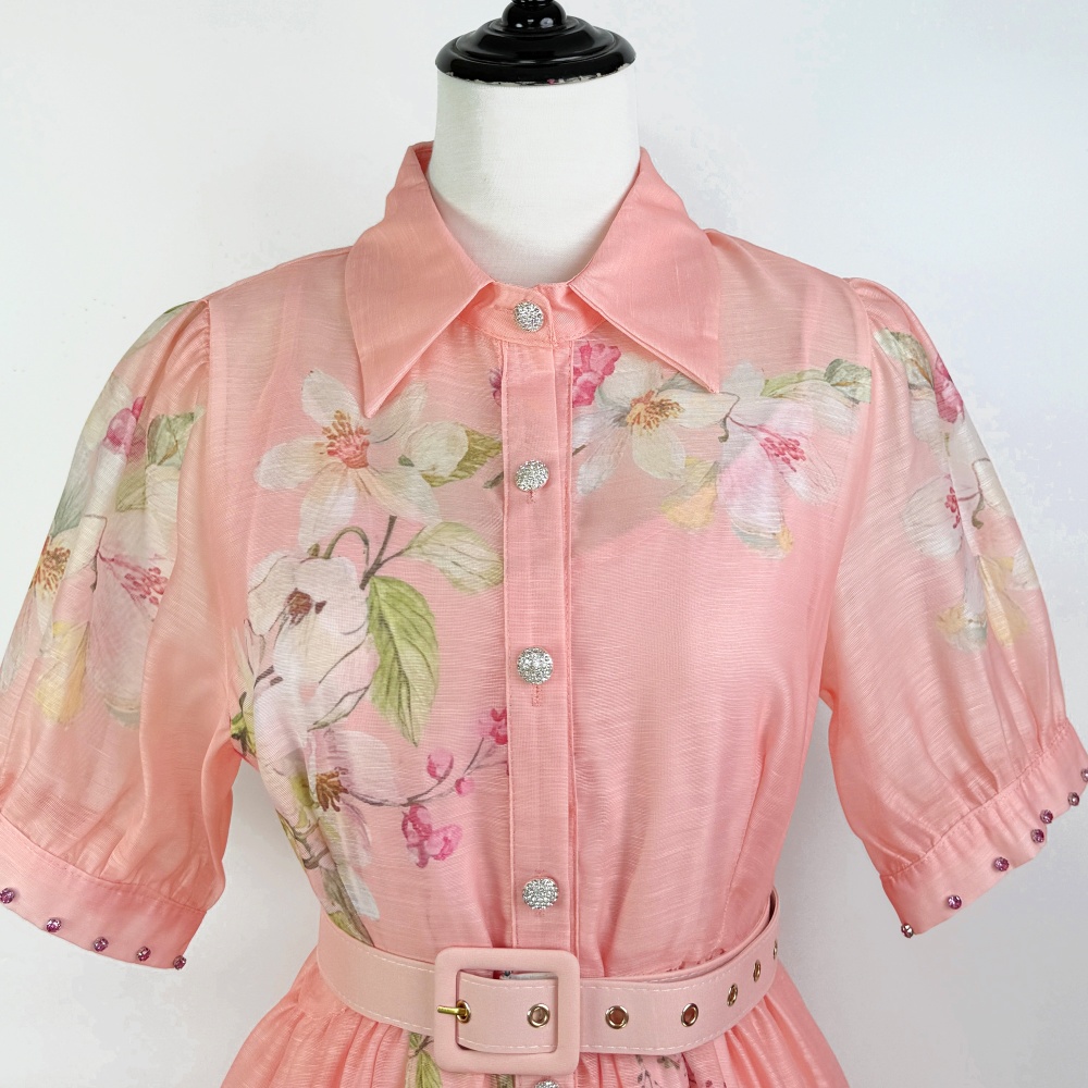 Slim pastoral style) T-back short sleeve rhinestone dress